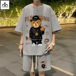 Bộ quần áo nam nữ BH38 tổ ong in gấu,bộ cộc tay mặc nhà nam